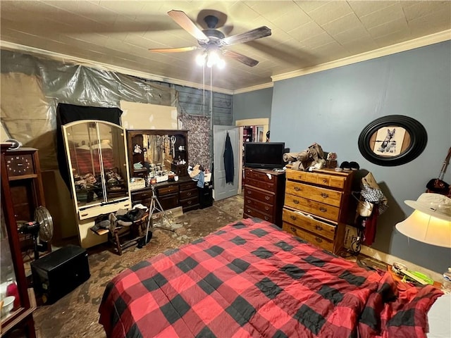 bedroom with ceiling fan and ornamental molding