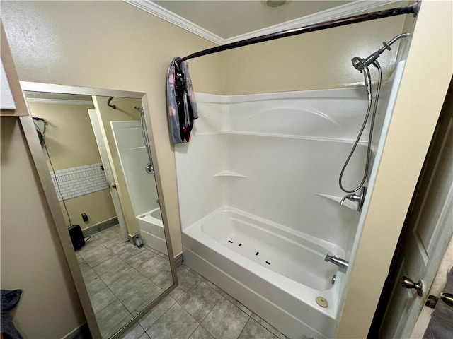 full bathroom with bathtub / shower combination, tile patterned floors, and ornamental molding