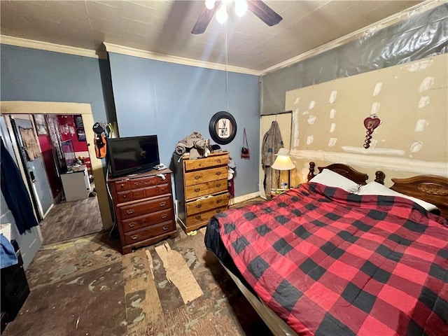 bedroom with ornamental molding and a ceiling fan