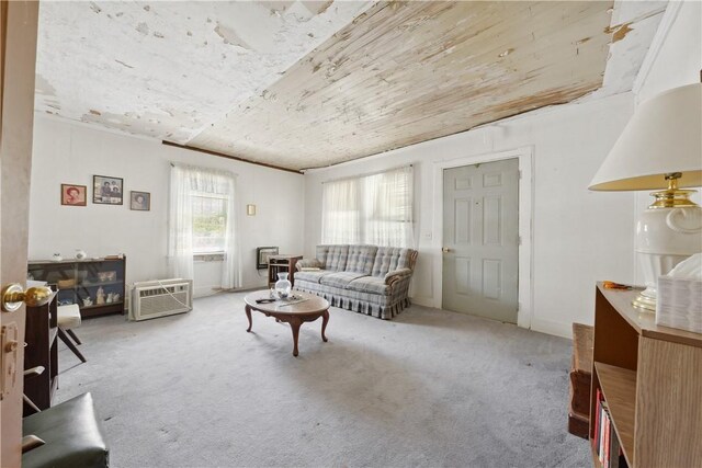 living area with carpet and a wall unit AC