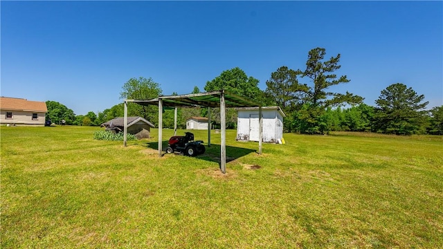 view of yard featuring a detached carport, an outdoor structure, and a storage unit