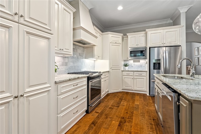 1843 Yarbrough Farms Blvd, Auburn, AL 36830 - kitchen featuring premium range hood, appliances with stainless steel finishes, a sink, crown molding, and dark wood-style floors