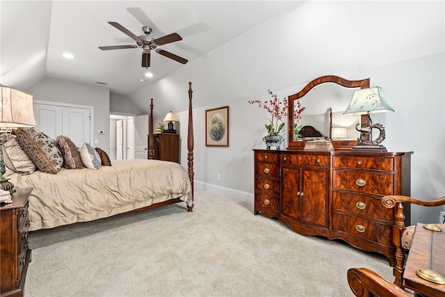 1843 Yarbrough Farms Blvd, Auburn, AL 36830 - bedroom featuring vaulted ceiling, carpet flooring, baseboards, a ceiling fan, and recessed lighting