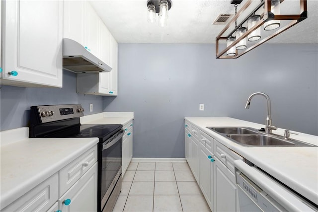 2428 E University Dr Unit 904, Auburn, AL 36830 - kitchen with stainless steel range with electric cooktop, dishwashing machine, a sink, under cabinet range hood, and white cabinets