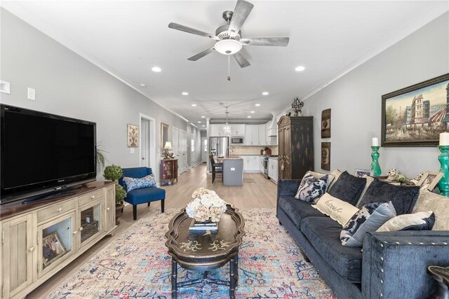 520 Cloverdale Dr, Auburn, AL 38630 - living room with crown molding, recessed lighting, ceiling fan, and light wood finished floors