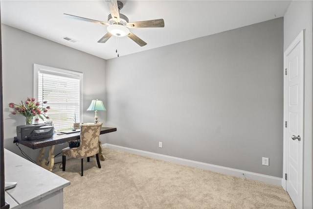 520 Cloverdale Dr, Auburn, AL 38630 - office with baseboards, a ceiling fan, light colored carpet, and visible vents
