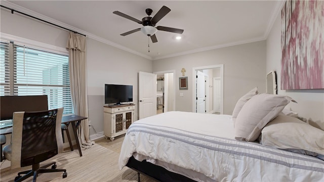 574 Grey Oak Cir, Auburn, AL 36830 - bedroom featuring light wood finished floors, ornamental molding, recessed lighting, an office area, and a ceiling fan
