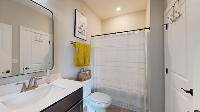574 Grey Oak Cir, Auburn, AL 36830 - bathroom with vanity, curtained shower, and recessed lighting