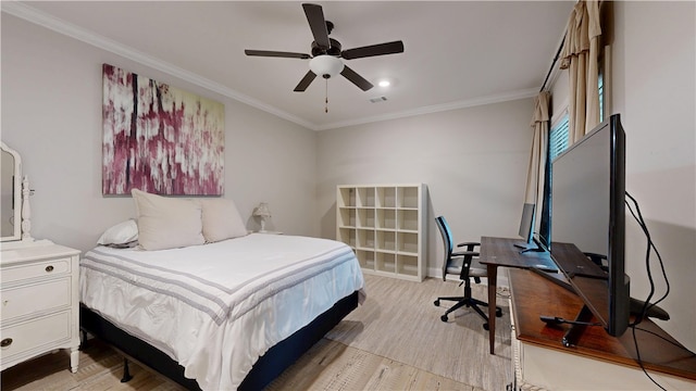 574 Grey Oak Cir, Auburn, AL 36830 - bedroom with crown molding, light wood finished floors, an office area, and a ceiling fan