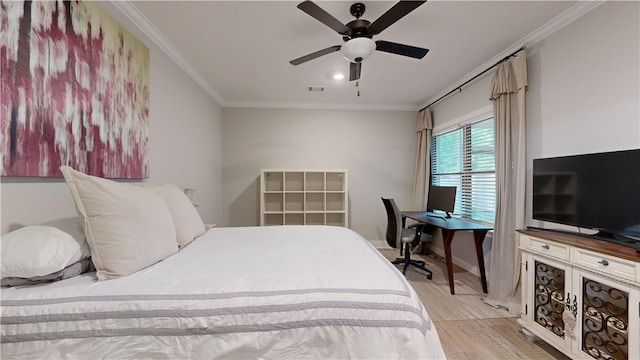 574 Grey Oak Cir, Auburn, AL 36830 - bedroom featuring light wood finished floors, crown molding, and a ceiling fan