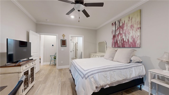574 Grey Oak Cir, Auburn, AL 36830 - bedroom with light wood-style floors, ornamental molding, and a ceiling fan