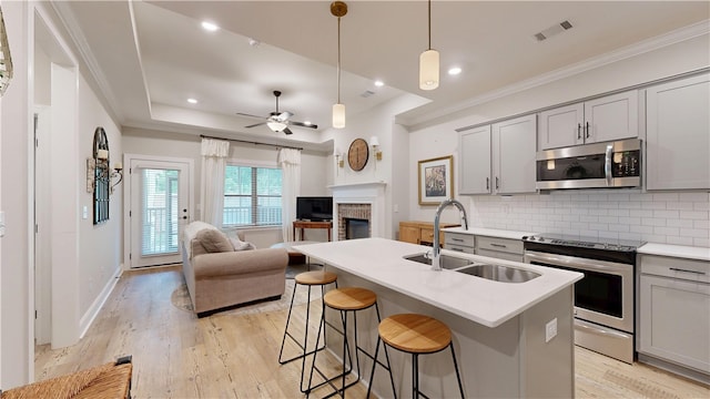 574 Grey Oak Cir, Auburn, AL 36830 - kitchen featuring stainless steel appliances, gray cabinetry, open floor plan, light wood-style floors, and crown molding