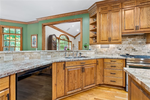 kitchen with light stone countertops, sink, crown molding, and light hardwood / wood-style floors