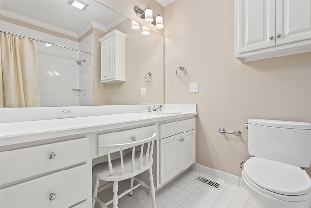 bathroom featuring a shower with shower curtain, vanity, crown molding, tile patterned flooring, and toilet