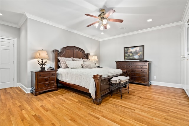 bedroom with ceiling fan, light hardwood / wood-style floors, and ornamental molding