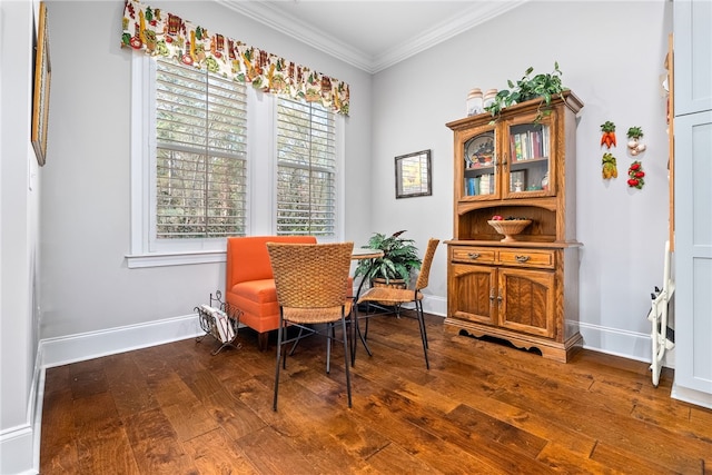 office space with ornamental molding and dark hardwood / wood-style flooring