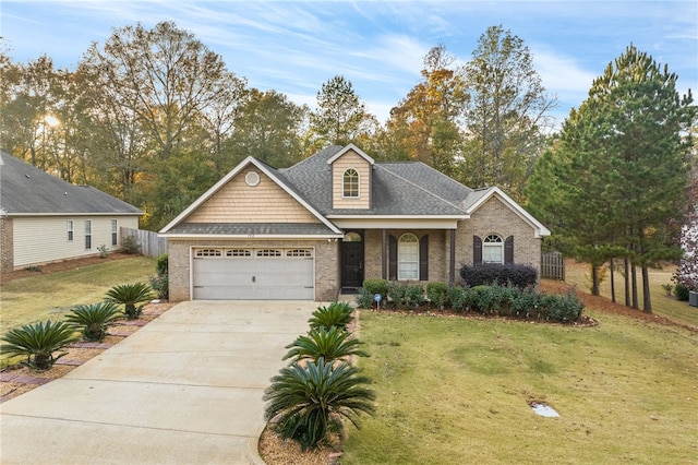 view of front of property featuring a garage and a front lawn