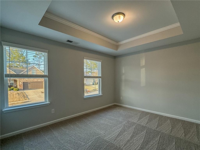 carpeted spare room featuring a raised ceiling, visible vents, and baseboards