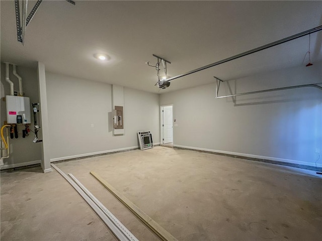 garage featuring tankless water heater, baseboards, a garage door opener, electric panel, and heating unit