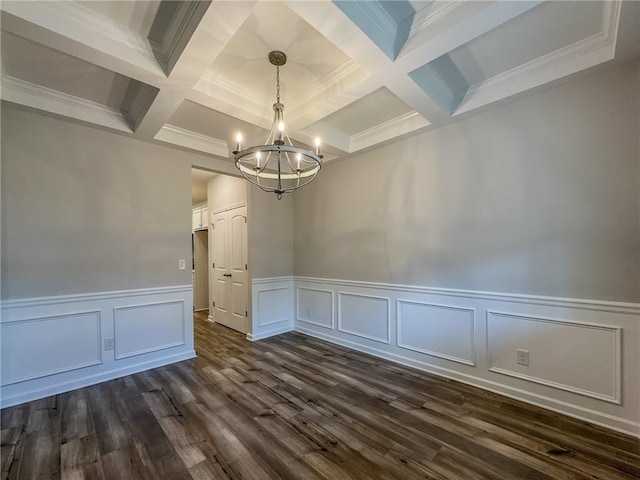 unfurnished dining area with dark wood-style flooring, coffered ceiling, beamed ceiling, and an inviting chandelier