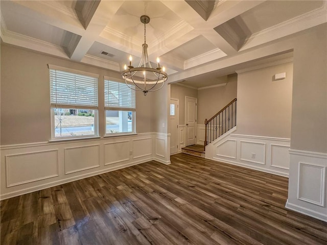 empty room featuring visible vents, stairway, dark wood-type flooring, beamed ceiling, and an inviting chandelier