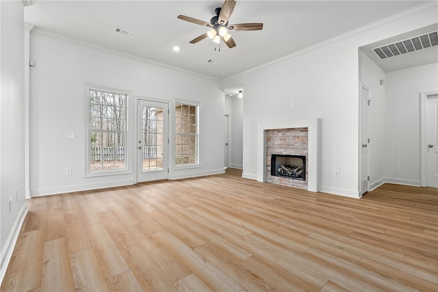 1756 Vfw Rd, Auburn, AL 36832 - unfurnished living room with a ceiling fan, light wood-type flooring, crown molding, a fireplace, and recessed lighting