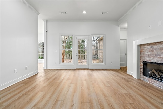 1756 Vfw Rd, Auburn, AL 36832 - unfurnished living room featuring ornamental molding, a fireplace, light wood finished floors, and recessed lighting