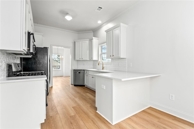 1756 Vfw Rd, Auburn, AL 36832 - kitchen with appliances with stainless steel finishes, a peninsula, light wood-type flooring, crown molding, and backsplash