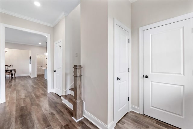 564 Grey Oak Cir, Auburn, AL 36830 - hallway featuring crown molding, wood finished floors, and recessed lighting