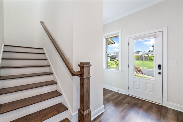 564 Grey Oak Cir, Auburn, AL 36830 - foyer with dark wood-style floors, crown molding, and stairs