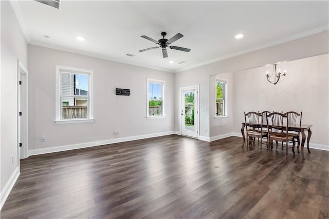 564 Grey Oak Cir, Auburn, AL 36830 - living area featuring crown molding, dark wood-style flooring, ceiling fan, recessed lighting, and a chandelier