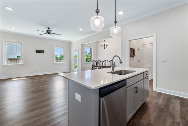 564 Grey Oak Cir, Auburn, AL 36830 - kitchen featuring dishwasher, ornamental molding, ceiling fan, light countertops, and dark wood-type flooring