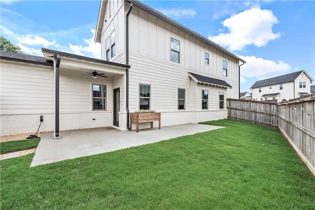 564 Grey Oak Cir, Auburn, AL 36830 - back of house with a fenced backyard, ceiling fan, board and batten siding, and a patio area