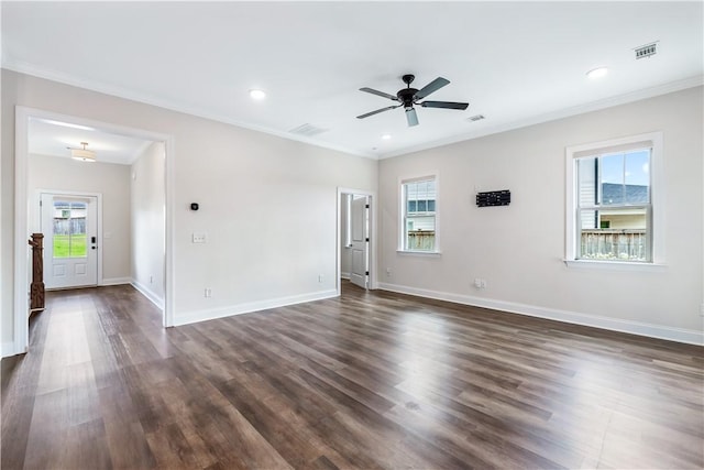 564 Grey Oak Cir, Auburn, AL 36830 - spare room with dark wood-style floors, ornamental molding, a ceiling fan, and recessed lighting