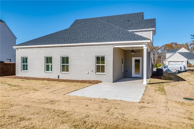 back of house featuring ceiling fan, a patio, and central AC unit