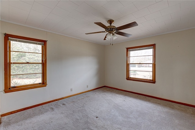 carpeted spare room with crown molding and ceiling fan