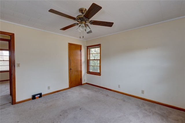 carpeted empty room with ceiling fan and ornamental molding