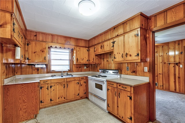 kitchen featuring light carpet, sink, wooden walls, and white range with electric cooktop