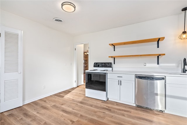 kitchen featuring hanging light fixtures, light wood-type flooring, white electric stove, dishwasher, and white cabinets