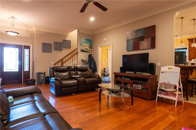 living room with wood-type flooring, ceiling fan, and ornamental molding