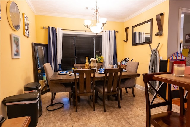 dining area featuring light tile patterned flooring, a chandelier, and ornamental molding