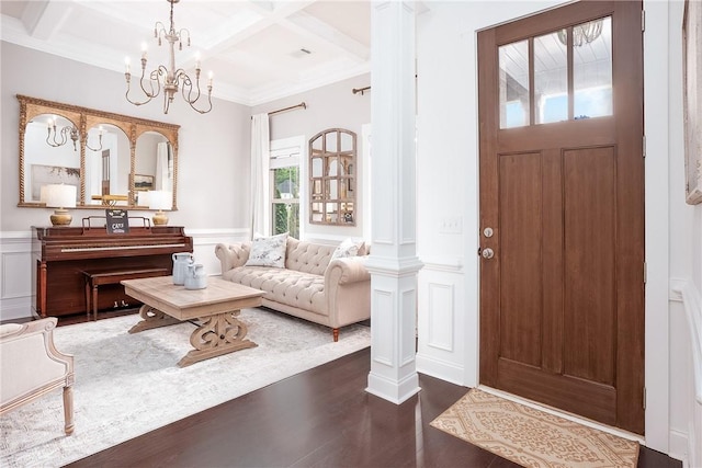 2131 Preserve Dr, Auburn, AL 36879 - entrance foyer featuring coffered ceiling, beamed ceiling, a chandelier, dark wood-style floors, and wainscoting