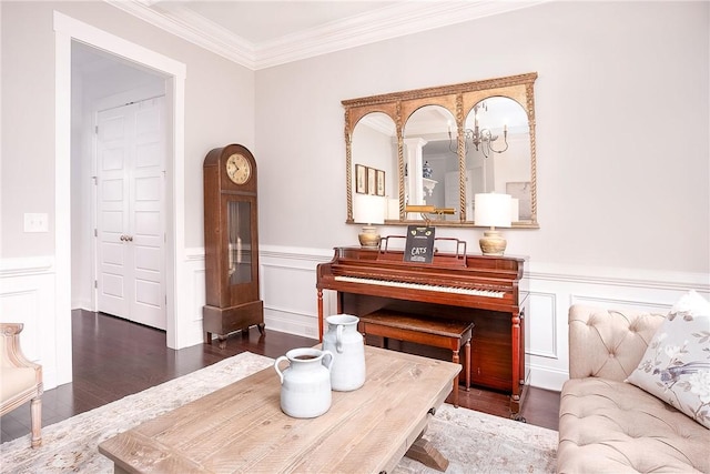 2131 Preserve Dr, Auburn, AL 36879 - living area with dark wood-style flooring, ornamental molding, a wainscoted wall, and a decorative wall