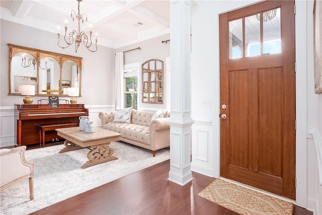 2131 Preserve Dr, Auburn, AL 36879 - foyer featuring plenty of natural light, coffered ceiling, wood finished floors, a chandelier, and beamed ceiling