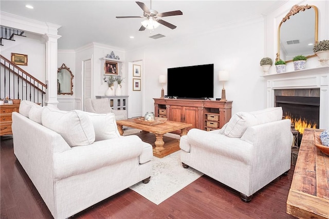 2131 Preserve Dr, Auburn, AL 36879 - living area with a ceiling fan, stairs, recessed lighting, crown molding, and a fireplace