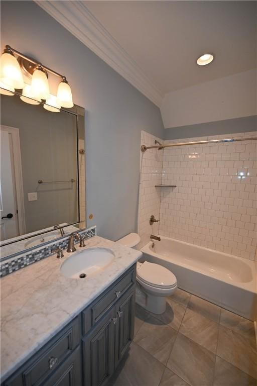 bathroom featuring toilet, shower / washtub combination, crown molding, and vanity