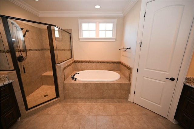 full bathroom with a bath, ornamental molding, and vanity