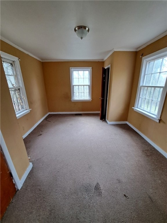 empty room featuring ornamental molding, carpet, and baseboards