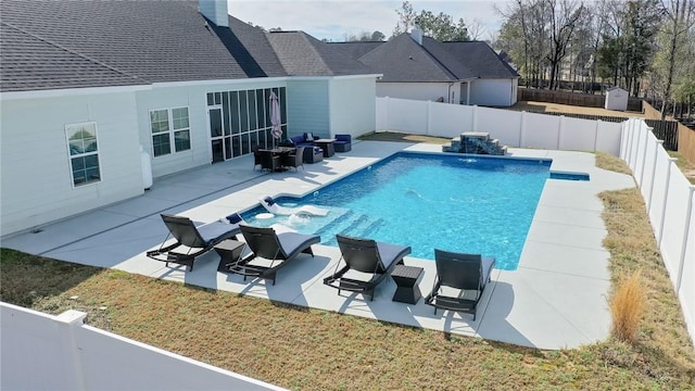 view of swimming pool featuring a fenced backyard, a fenced in pool, and a patio