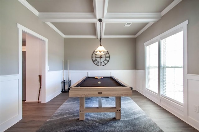 playroom featuring wainscoting, beamed ceiling, and billiards